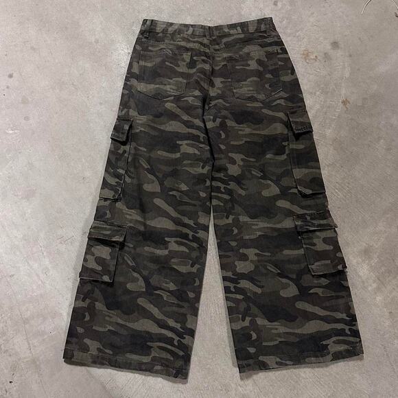 GREEN CAMO CARGOS Baggy y2k DENIM WAIST 34 FLAT - Picture 3 of 6